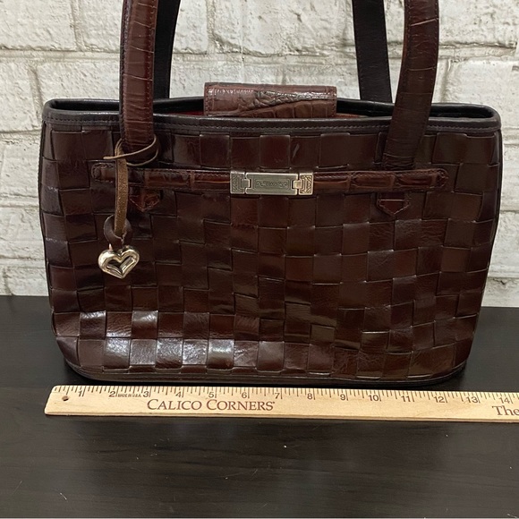 Vintage BRIGHTON Mahogany Brown Leather Woven Double Handle Strap Shoulder Bag - Picture 8 of 16